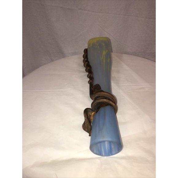 Handmade Blown Vase Engraved With Metal Blue Yellow Art Nouveau Style - Picture 7 of 9